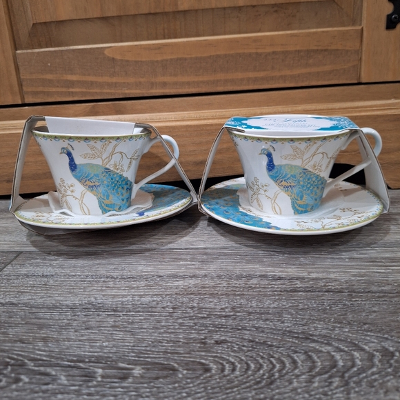 New Set of 2 Peacock Teacup & Saucers by 222 Fifth: Turquoise Blue - Picture 1 of 3